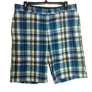 Jack Nicklaus Mens Chino Shorts 32 Blue Plaid Flat Front Pocket Stretch Casual
